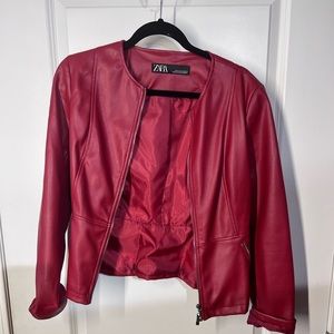 Zara red leather jacket with silver hardware